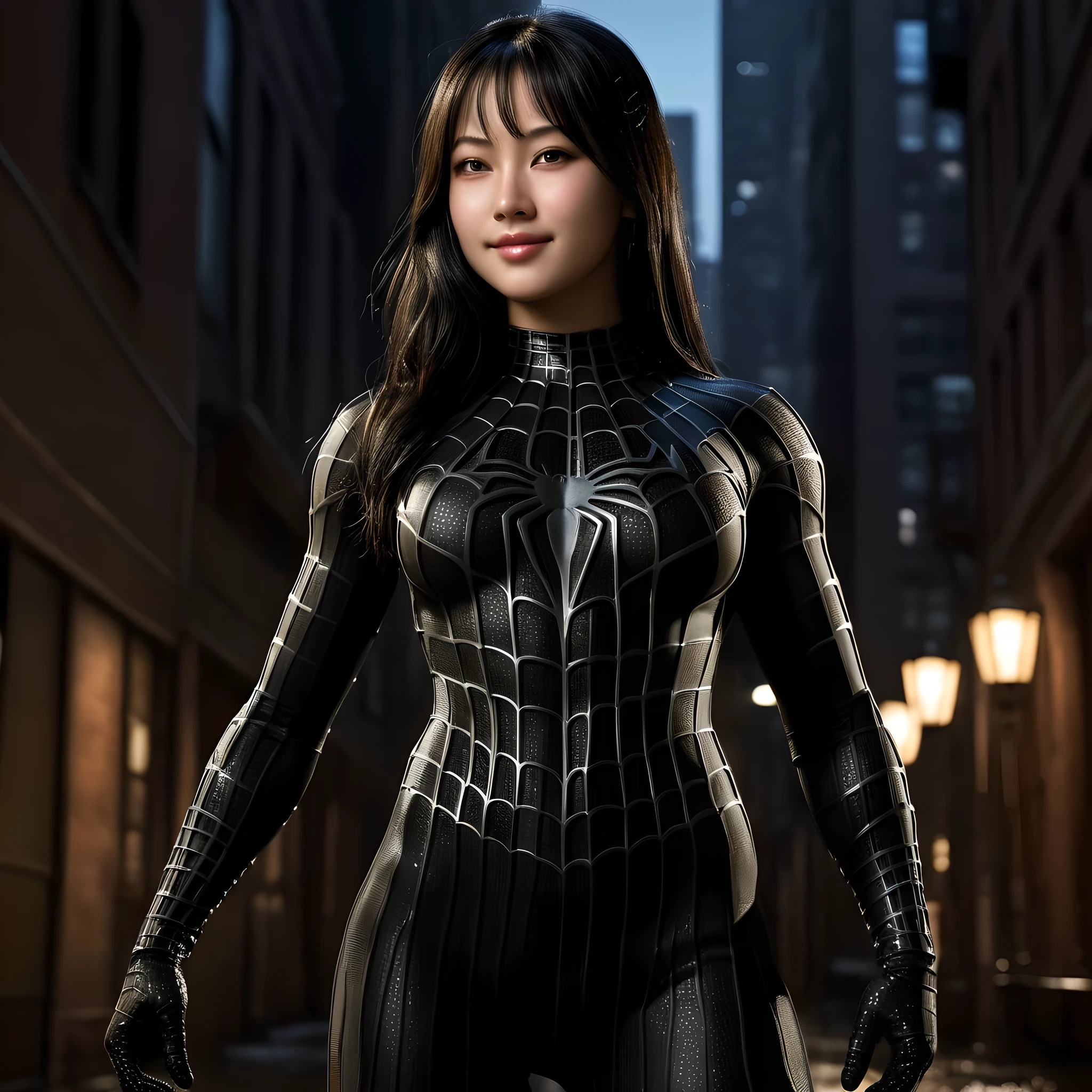 score_9, score_8_up, score_7_up, best quality, realistic, masterpiece, beautiful detail, hyperrealistic, night, (1girl, woman body, smile, black hair), big breasts:1, amazing detailed full body portrait of a beautiful japanese girl, defined muscle girl, wearing a realistic and highly detailed black raimi spider-man suit, ((huge muscular girl)), professional model wears ultra - detailed black raimi spider - man suit, ultra - detailed and grained black raimi spiderman suit, suit covered entire body and hand, black spiderman gloves, wet, (romantic scene), (full body), (dirty skin), close up, octane render, highly detailed, volumetric, dramatic lighting, (highest quality:1.1), (HDR:1.3), (top quality, best quality), realistic, high definition,