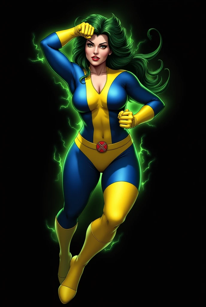 (Lorna Dane, polaris x-men, (attack uppercut pose:1.4), (busty and voluptuous body), (naked arms:1.4), (green thick wavy long hair:1.4), (huge breast:1.6), wearing a blue costume, big yellow in the chest and stomach, with yellow xmen belt, blue glowes, yellow boots, (she's surrounded by a green energy:1.5), (comic style:1.4)