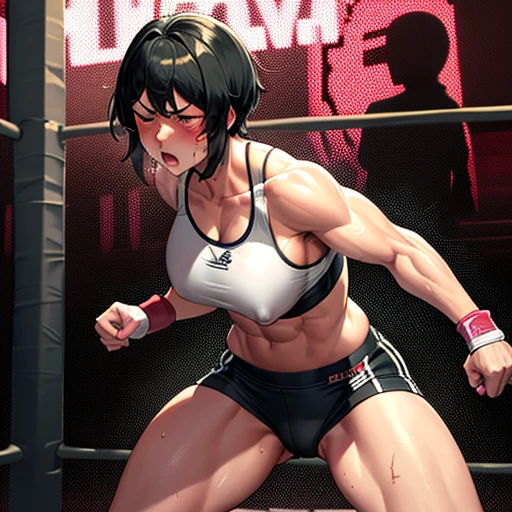 her body and face are taking a lot of punches and kicks from another girl. a bloody crying beautiful Japanese female heavyweight fighters is cornered in a wire fence. in the octagon fighting ring of underground arena with audience. she is fighting. stangding down. She is groggy. she is beated. whole body picture. she is covered in scars and bruises. she is damaged terribry. Short-cut black hair, out of breath, drooping eyebrows, drooling from mouth, one eye is closed, exhausted, drenched in sweat. Erect nipples. open finger glove. Ragged white and pink lined sports bra, high leg panty, Stockings. armwarmers. small breasts, armwarmers. Whittled waistline, muscular, six-pack abs, very thick arms and thighs, super huge tits.