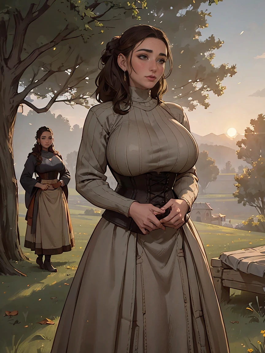 Gorgeous and sultry busty athletic (thin) brunette peasant with sharp facial features wearing a modest updo, medieval hair cover, rough-spun grey and brown medieval dress, long sleeves, wide neck, long dress, tight bodice, corset, Middle Ages, cottage, farm, exterior, trees, countryside, evening, sunset.