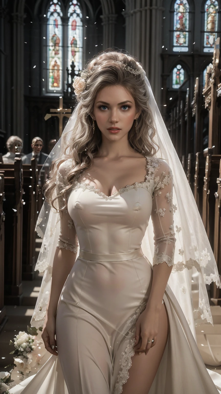 woman in a high front slit wedding dress,wearing see trough dress, inside church, walking down church aisle with open thighs, surrounded by people, detailed face, elegant, photorealistic, 8k, best quality, highly detailed, intricate, dramatic lighting, cinematic, erotically romantic, soft focus, warm colors, wedding bjd, seethru