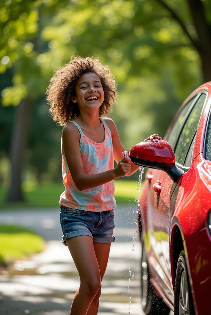 Skinny curly girl washing a car