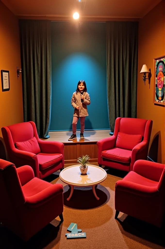 A 4-person TV tray on 4 red armchairs/white a child on the stage with a microphone on the floor there is marked 4 coach 