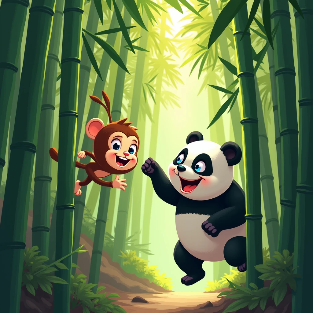 bamboo forest, Caricature art style, exaggerated features, humorous interpretation, dynamic composition, professional-grade execution, adds humor and personality, captures essence in a playful manner, (best quality, masterpiece, photorealistic), very aesthetic, perfect composition, intricate details, ultra-detailed, vivid colors