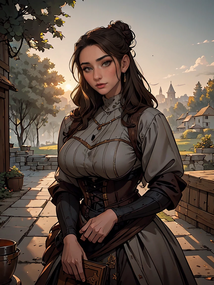 Gorgeous and sultry busty athletic (thin) brunette peasant with sharp facial features wearing a modest updo, medieval hair cover, rough-spun grey and brown medieval dress, long sleeves, wide neck, long dress, tight bodice, corset, Middle Ages, cottage, farm, exterior, trees, countryside, evening, sunset.