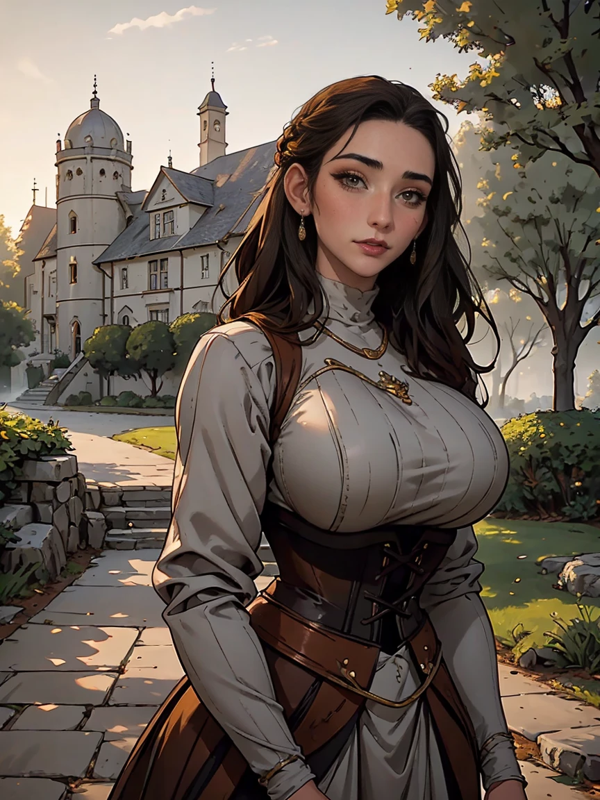 Gorgeous and sultry busty athletic (thin) brunette peasant with sharp facial features wearing a modest updo, medieval hair cover, rough-spun grey and brown medieval dress, long sleeves, wide neck, long dress, tight bodice, corset, Middle Ages, cottage, farm, exterior, trees, countryside, evening, sunset.