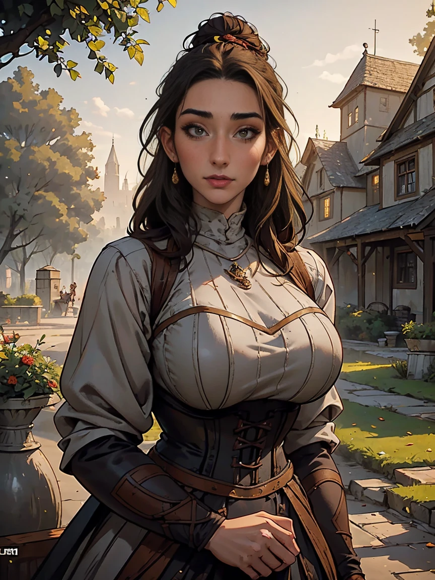 Gorgeous and sultry busty athletic (thin) brunette peasant with sharp facial features wearing a modest updo, medieval hair cover, rough-spun grey and brown medieval dress, long sleeves, wide neck, long dress, tight bodice, corset, Middle Ages, cottage, farm, exterior, trees, countryside, evening, sunset.