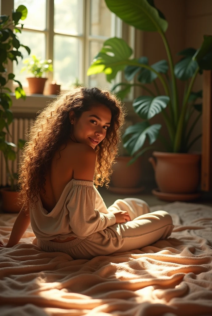 (photorealism:1.2), beautiful woman, sitting on earth, wearing loose off-shoulder top, pajama pants, long curly hair, indoors, soft lighting, plants in background, window with sunlight, cozy room, relaxed pose, realistic, intricate details, warm colors, by Greg Rutkowski, by Alphonse Mucha