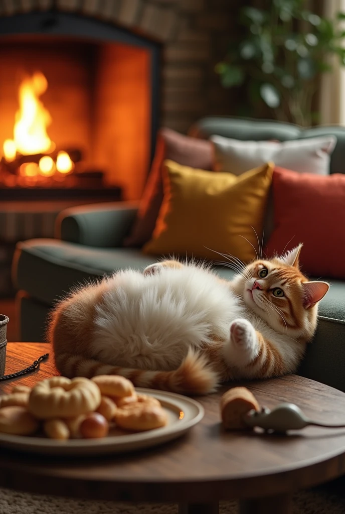 A cozy living room with a soft couch and a fireplace crackling in the background. The chubby tummy cat, with a round belly and a contented smile, lies on its back on the couch, lazily batting at a toy. around foods The room exudes warmth and comfort.