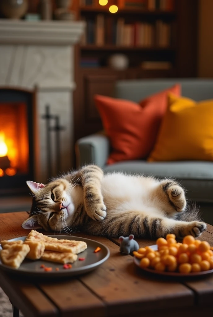 A cozy living room with a soft couch and a fireplace crackling in the background. The chubby tummy cat, with a round belly and a contented smile, lies on its back on the couch, lazily batting at a toy. around foods The room exudes warmth and comfort.