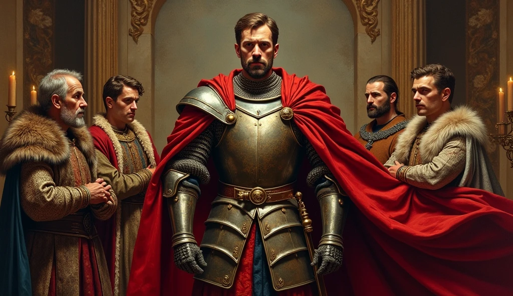 oil painting, rey medieval, advisors behind the scenes, Whole body