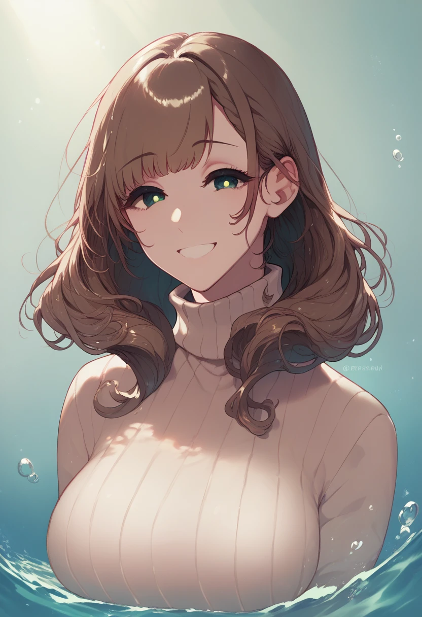 Chestnut brown hair, s-shaped hair, mermaid bangs, light green eyes, smiling, voluptuous, beige turtleneck close-up
