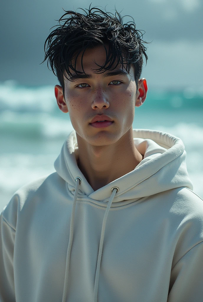 He was an 18 year old boy with very light skin, black hair and grey eyes. His white sweatshirt was soaked and left his muscular body visible., He was like a god of Olympus