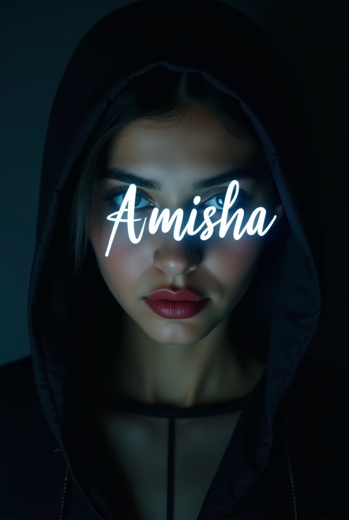 Create an image with the text 'Amisha' in a white font, surrounded by a subtle black glow. The image should feature a beautiful girl with striking blue eyes. The overall theme should be in shades of black or grey, with a sleek and modern aesthetic."






