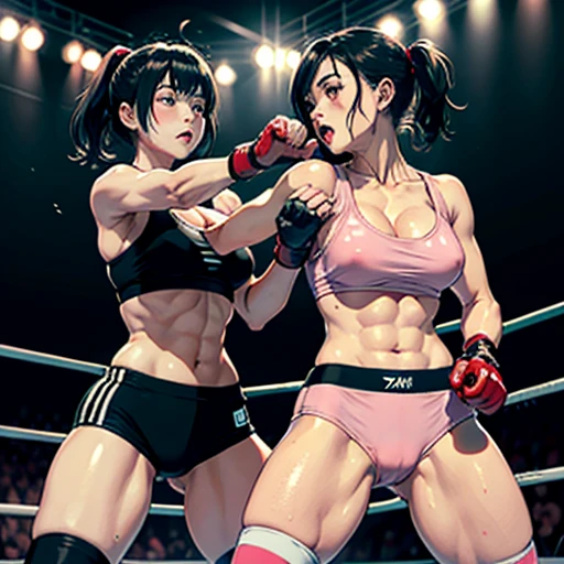 two bloody beautiful Japanese female heavyweight fighters are fighting by extreme bareknuckle boxing in the octagon fighting ring of underground arena with audience. A fierce exchange of dynamic punches. they are beating each other so hard. survival battle. whole body picture. they are covered in scars and bruises. they are damaged terribry. Short-cut black hair, out of breath, drooling from mouth, one eye is closed, exhausted, drenched in sweat. Erect nipples. open finger glove. Ragged white and pink lined sports bra, high leg panty, Stockings. armwarmers. small breasts, armwarmers. Whittled waistline, muscular, six-pack abs, very thick arms and thighs, super huge tits.
