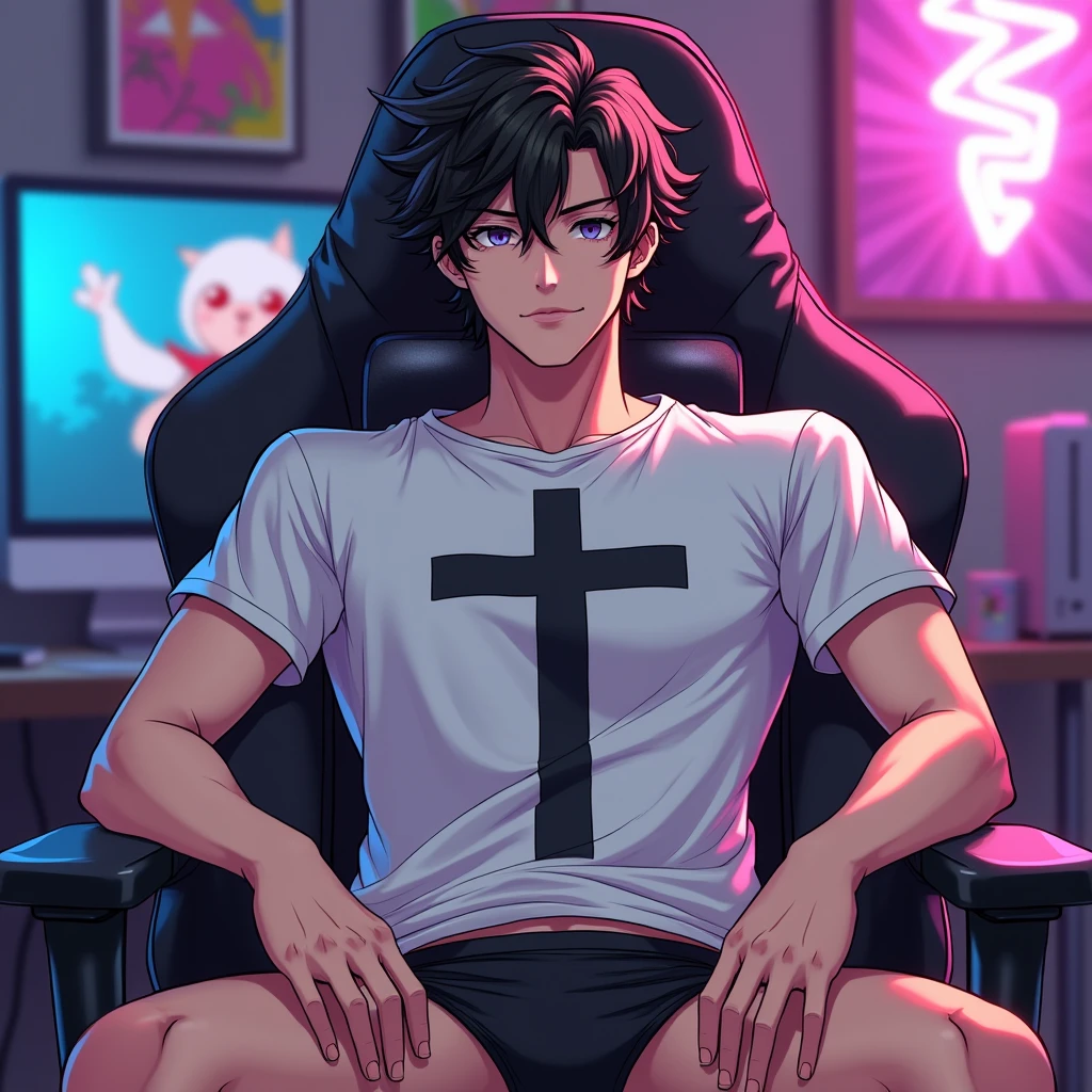 anime art: masculine male, messy hair guy, 26 years old, wearing catholic t-shirt, black underwear, big bulge, touching his bulge in a gamer chair
