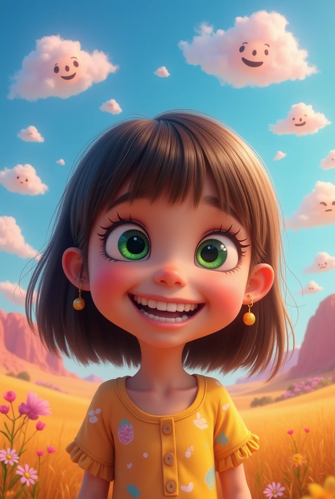 one , fair skinned and green eyed, straight brown hair and straight bangs. Big eyes and smile. The setting she is in is reminiscent of the film Inside Out.