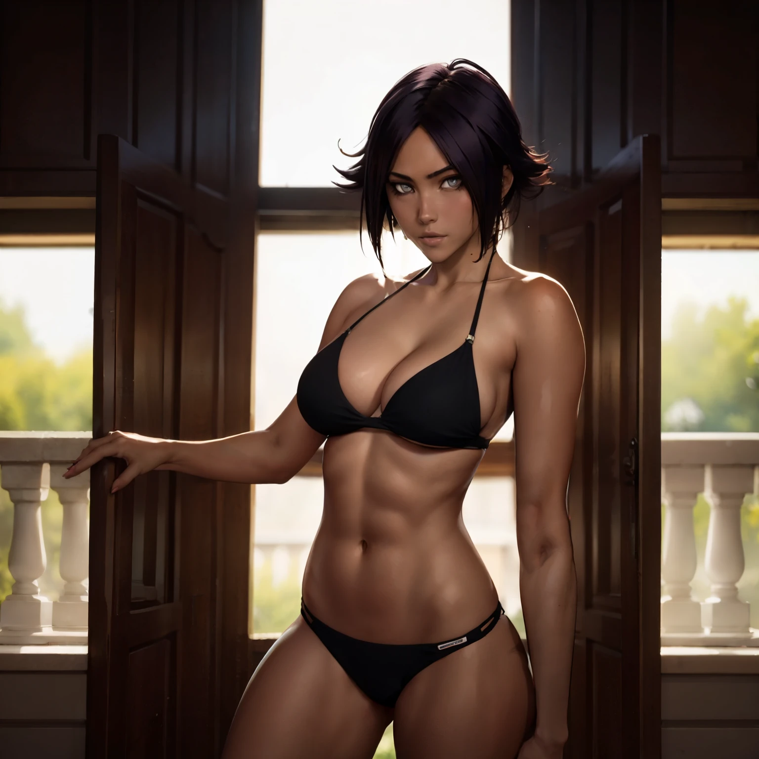 (masterpiece), best quality, expressive eyes, perfect face, yoruichi shihouin, dark skinned tone from bleach , 30 year old women, facing towards screen parted lips feminine figure body wearing short and bikini , beautiful expressive eyes , 4k backlighting, doing cat pose stretching famous yoruichi pose