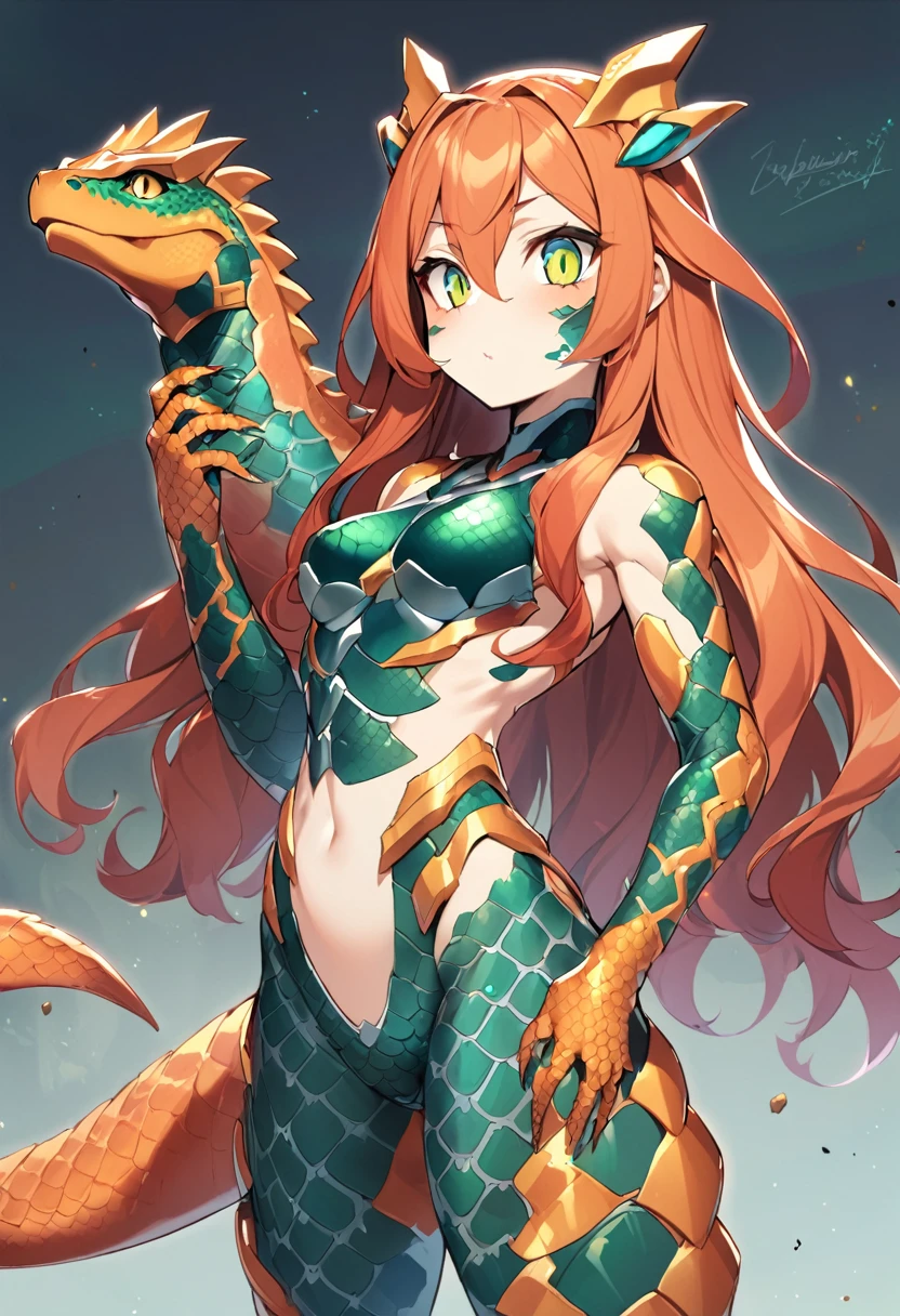1girl, solo, wavy long hair, lizard girl, medium breasts, athlete, bikinia armour, lizard eyes, waistcloth, bare limbs, bare stomach, bare thgihs, Humanoid face and body, stripes on cheeks, standing, Lizard scales skin, lizard's tail