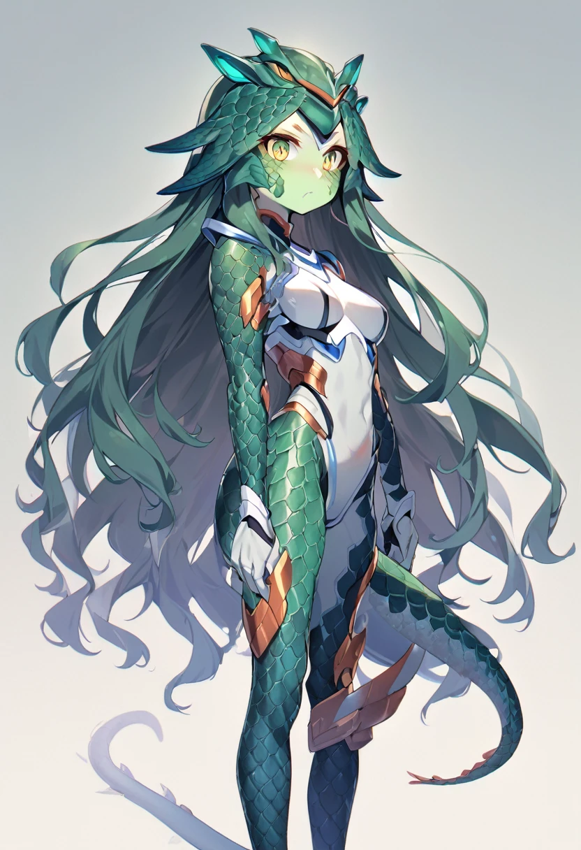 1girl, solo, wavy long hair, lizard girl, medium breasts, athlete, bikinia armour, lizard eyes, waistcloth, bare limbs, bare stomach, bare thgihs, Humanoid face and body, stripes on cheeks, standing, Lizard scales skin, lizard's tail