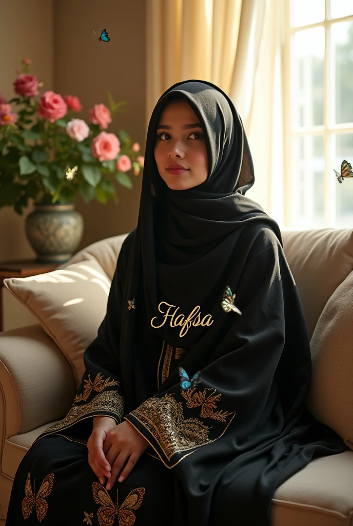 Create one face covered abaya wear girl sitting on the single sofa background with flowers and butterflies edited With " Hafsa "