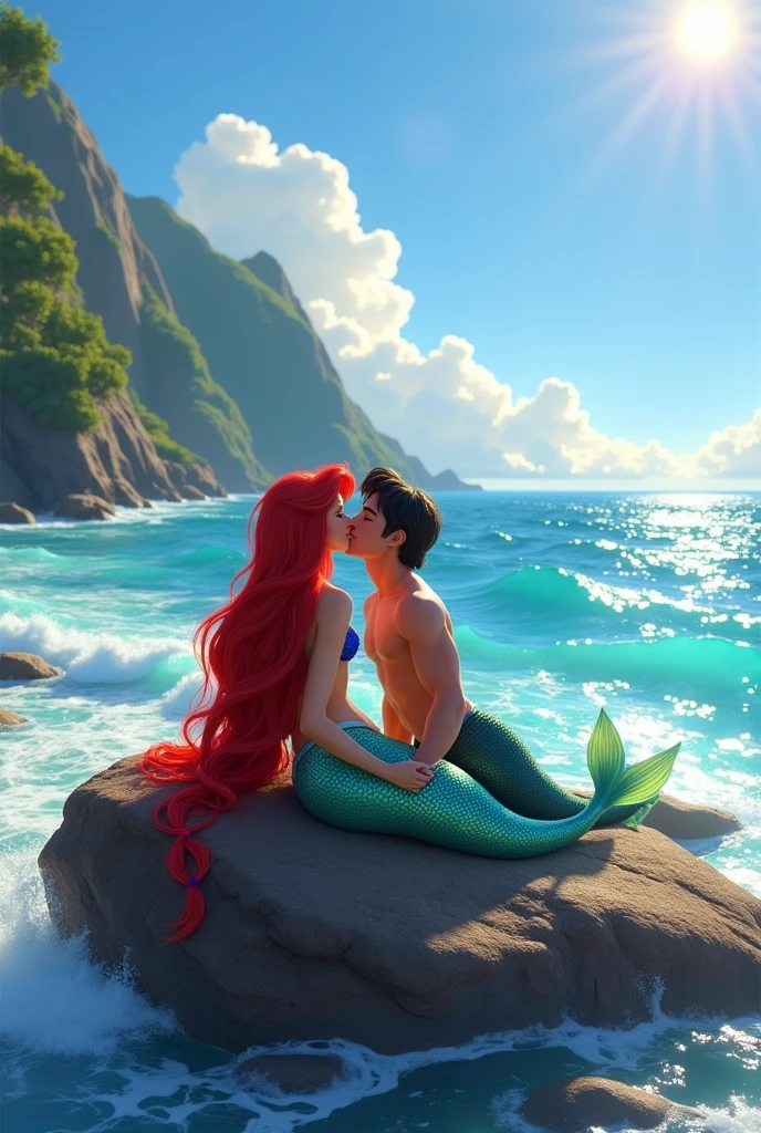 Create a vibrant, moving Pixar-style scene/Disney. two characters, remembering Ariel from &#39;The Little Mermaid&#39;, are sharing a tender kiss on the lips on a sun-drenched rock, on the edge of the ocean. The first character, with flowing braids reminiscent of Ariel&#39;s iconic red hair, is depicted as a mermaid with shimmering scales and a vibrant tail. Your hair shines in the sunlight, falling down the back. The second character, is a woman who has features of Prince Eric from the movie Ariel, who has long, straight, dark hair, is lying on the rock with a relaxed expression, looking at the mermaid with affection. The background should feature ocean waves gently crashing against the rock., a landscape of nature with a clear blue sky above and hints of a lush green coastline in the distance. The general atmosphere is serene and romantic, with a soft and warm color palette."