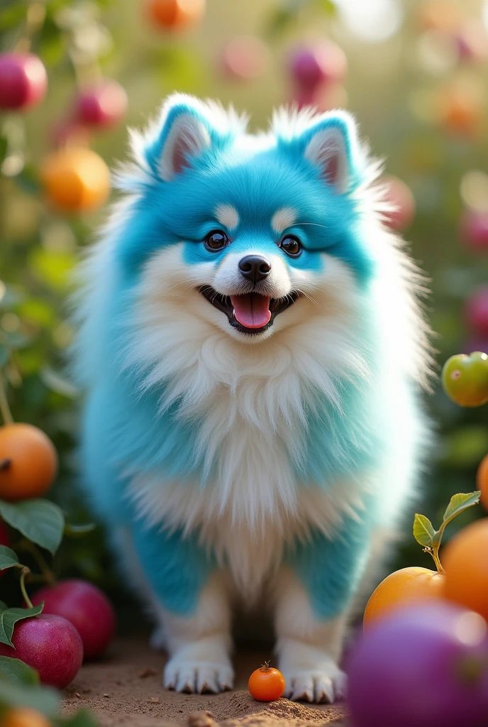 A German Spitz with a blue colored coat, Unripe, pink, purple, yellow and orange
