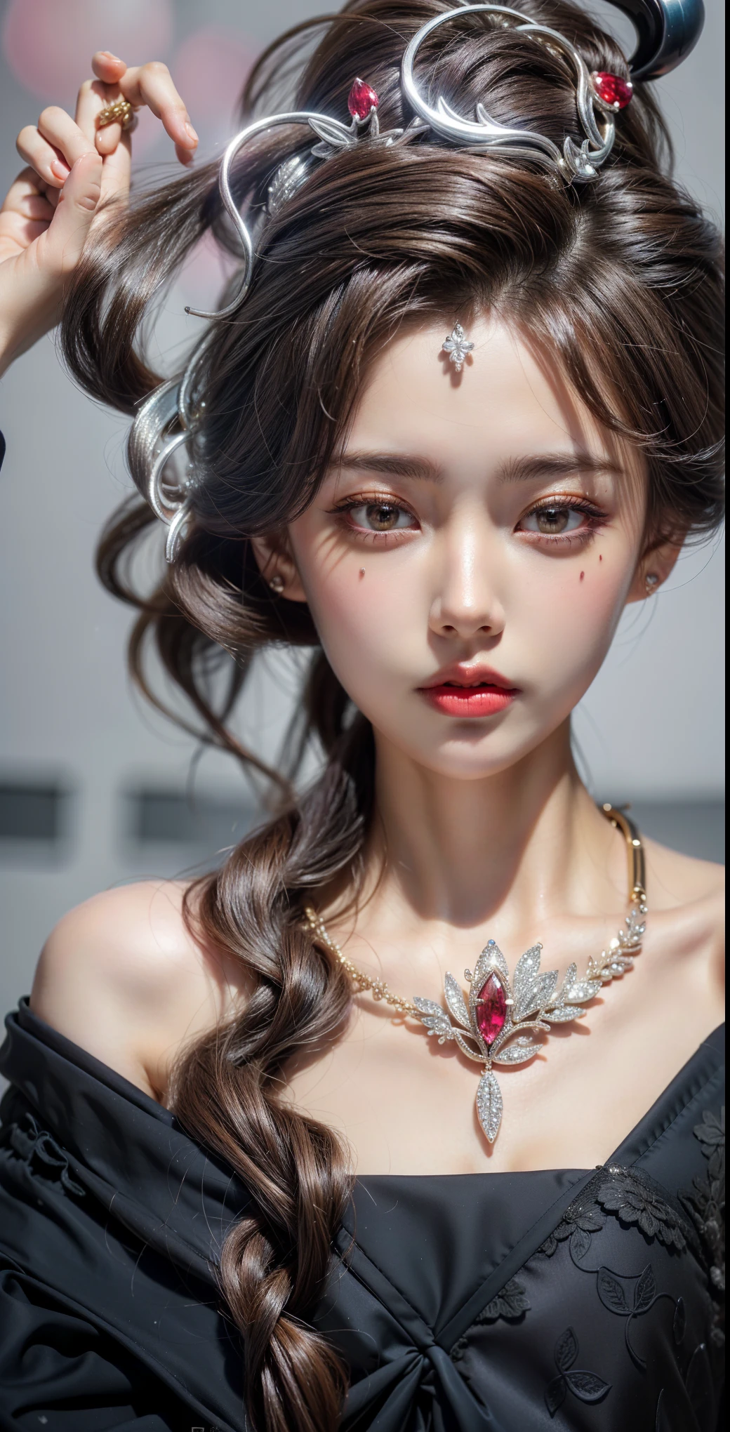 Very detailed, Delicate face, Realistic style, Stock Photography , rich and colorful, Surrealism, Realistic textures, Dramatic Lighting, Distiller 800 (8K, original photo, Better quality, masterpiece: 1.2), Very detailed, (Extremely delicate skin: 1.2), 8K Ultra HD, SLR camera, Soft Light, high quality, 冰冻Queen,, snow castle,Blue pupils,Apply red lipstick,Queen,Gorgeous clothing,gem, diamond, Gold Jewelry,Printed lace,Silk dress,珍珠diamondgem,