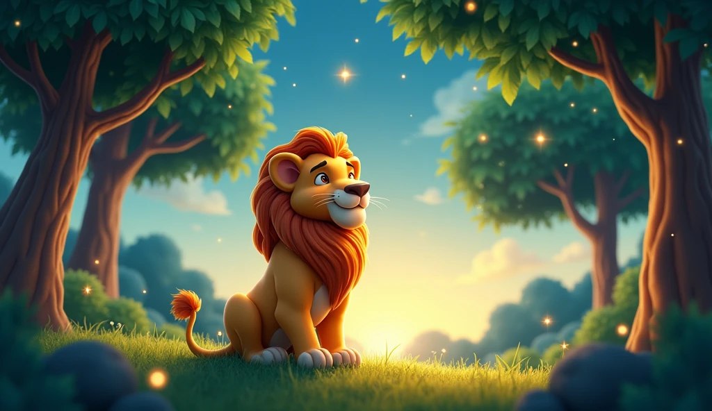 Lion watching stars come out to gleam in forrest 3D cartoon