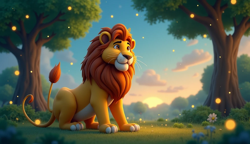Lion watching stars come out to gleam in forrest 3D cartoon