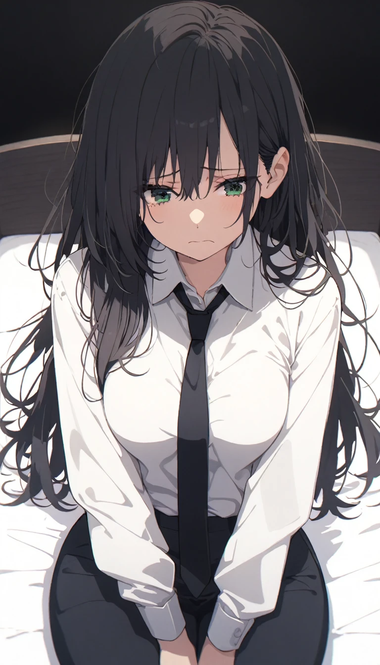 solo, Adult woman, medium breasts, curvy body, Long haircuts, Minimalist Long Layers, black hair colors, green eyes, close up shot on person suffering from anxiety, cry face, a woman showing sadness, lonely woman, a woman sitting in bed, white shirt, black tie, Long-sleeved shirt, black trousers, dynamic angle. no light source, dark background, night days, dark hotel bedroom background,
