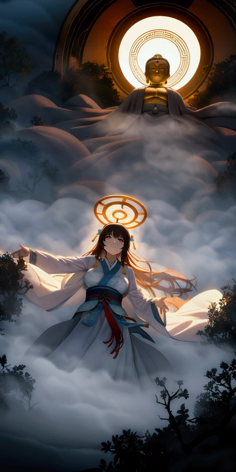 8k,wallpaper of extremely detailed CG unit, ​masterpiece,hight resolution,top-quality,top-quality real texture skin,hyper realisitic,increase the resolution,RAW photos,best qualtiy,highly detailed,the wallpaper,cinematic lighting,ray trace,golden ratio, BREAK ,1girl\(Amitabha Buddha,very virtuous , mild smile, male, godly ,(in the deep fog:1.3) ,beautiful halo\), BREAK ,background\(heaven\(The Peach Blossom Spring\),in the deep fog,beautiful chinise flowers blooming,(many peach tree),(deep fog:1.5)\),, BREAK ,many hungry ghosts\(below heaven,looking up\),(deep fog:1.5),(deep fog:1.5),(deep fog:1.5),(deep fog:1.5),(deep fog:1.5),(deep fog:1.5)