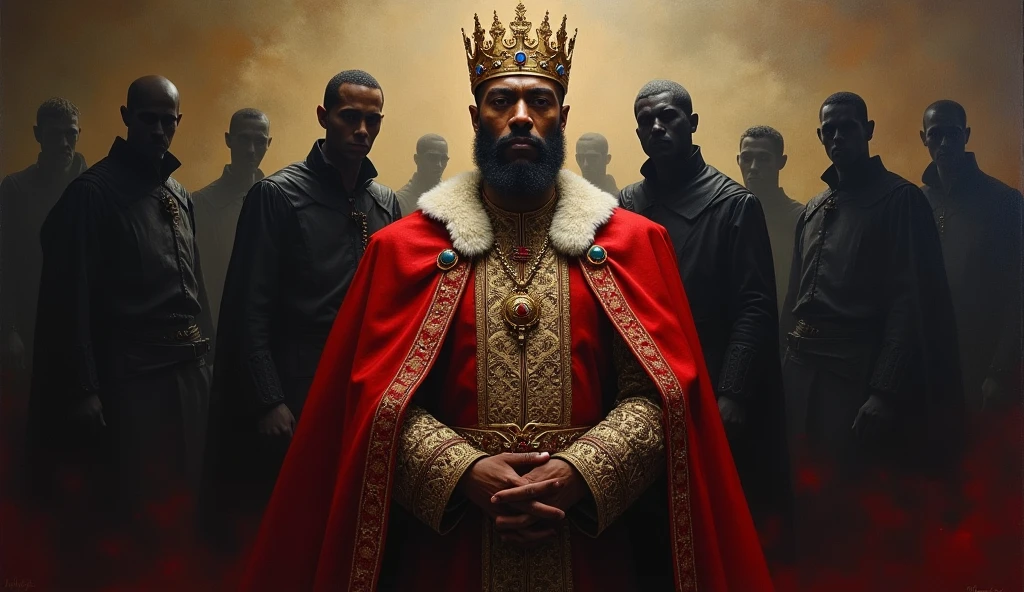 oil painting, king with crown, counselors behind in darkness, Whole body
