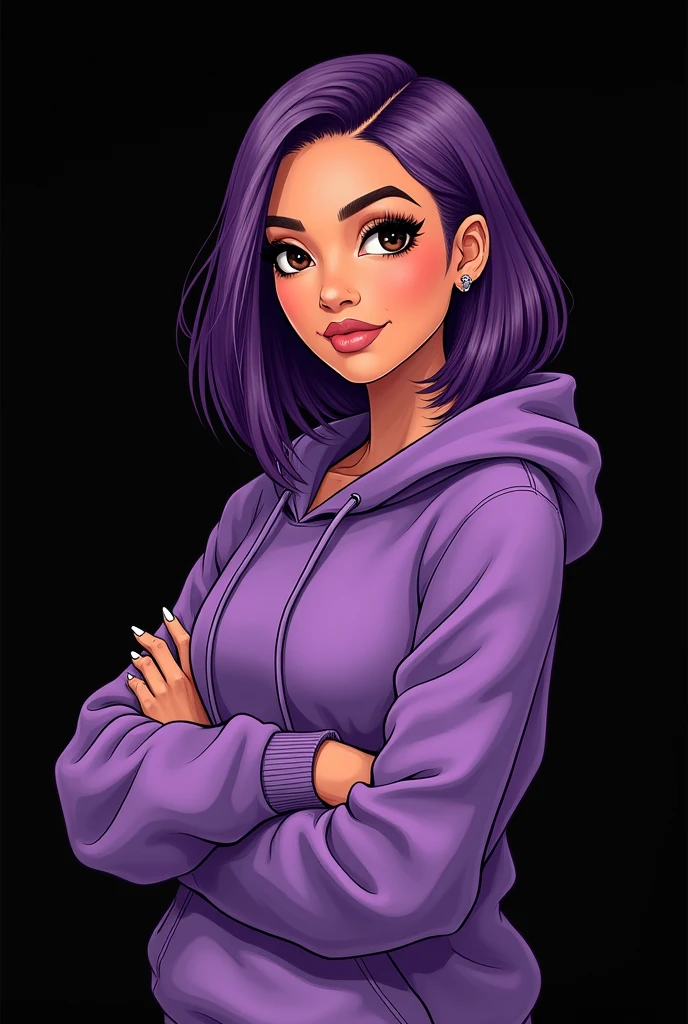 Drawing of a light-skinned Brazilian woman, Round face, side parted hair shoulder length straight purple, wearing purple hoodie, light brown eyes, piercing in the septum and above the lips, black backdrop