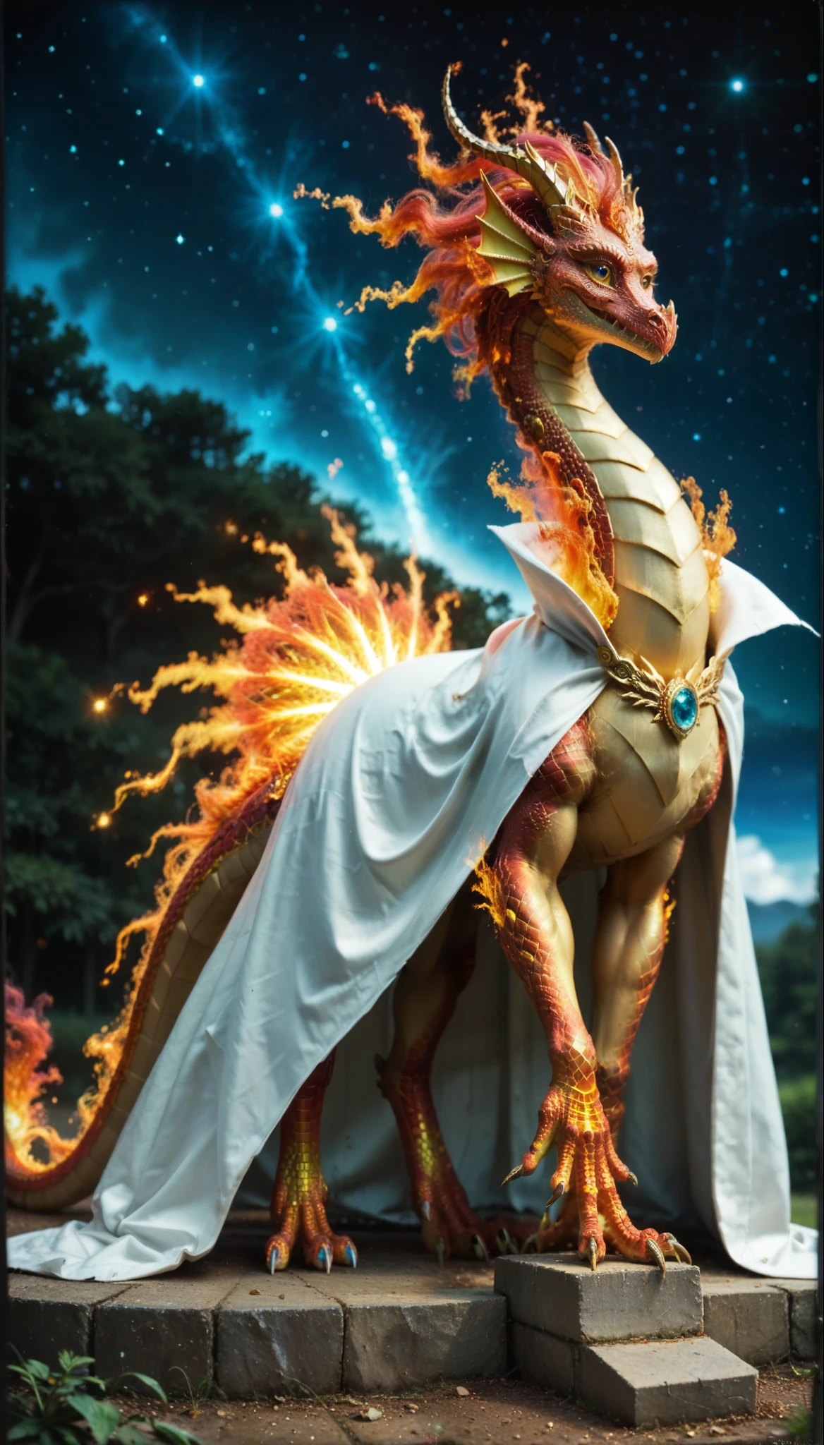 (zPDXL2), score_9_up, (masterpiece, top quality, best quality, official art, beautiful and aesthetic:1.2), (1girl), extreme detailed eyes, (fractal tattoo:1.3), colorful, highest detailed, (perfect face), shiny skin, HDR, (white cloak golden lines:1.2), galaxy, (light streaks), striking visuals, (dynamic streaks, luminous trails:1.2), vibrant colors, (phoenix familiar), (dragon familiar), AissistXLv2, unaestheticXL_bp5, SimplePositiveXLv2, zPDXL2 PonyXLV6_Scores