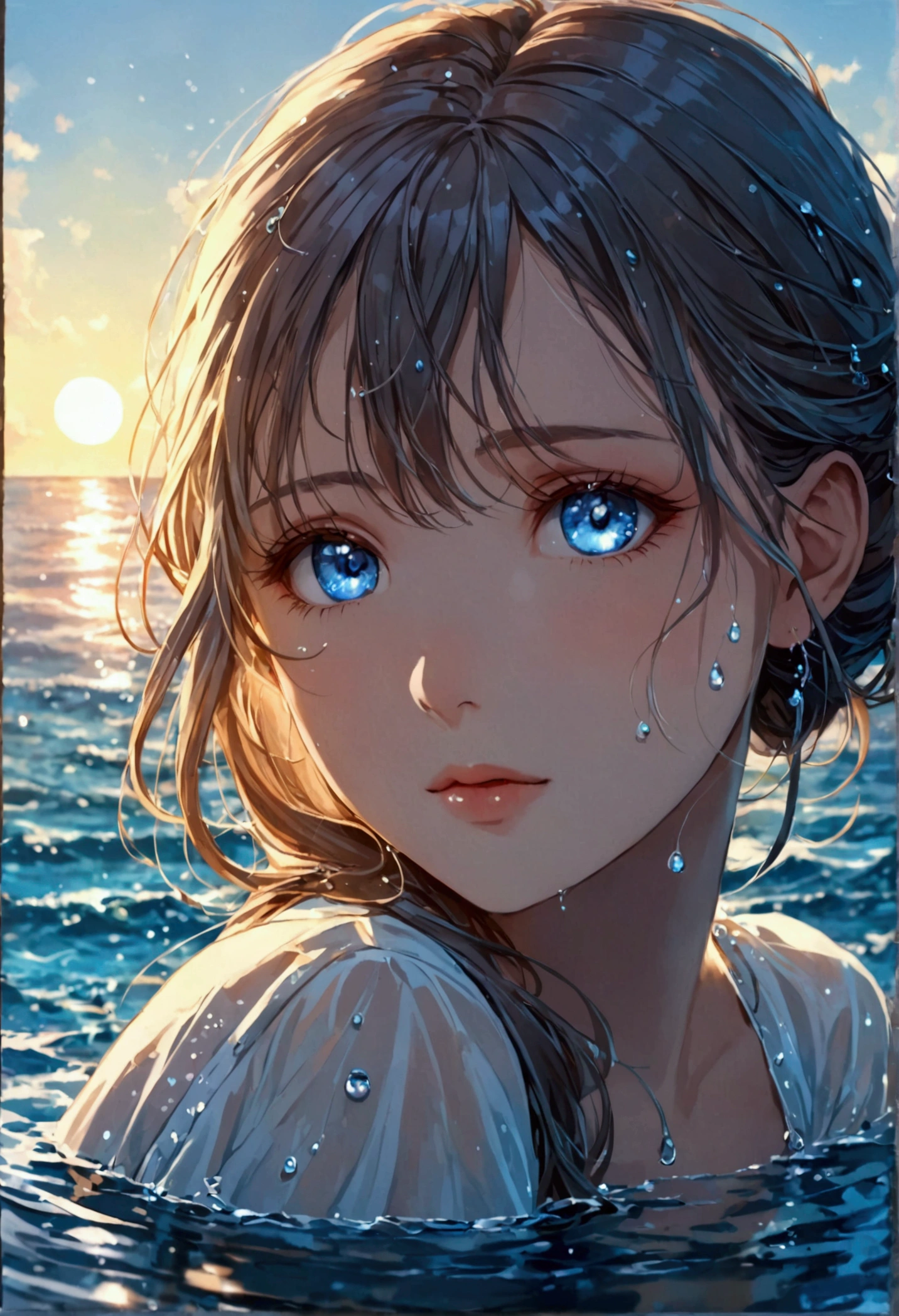 art by Cornflower, dreamy, (a girl who was and had beautiful detailed eyes. The depth of field in the photo was perfect, and the lens flare added a nice touch. The finely detailed features of her face really stood out, and the score for this photo was definitely greater than 10. In the background, there was a beautiful ocean with crystal clear water and water droplets on the surface. It was a stunning photo that really captured the beauty of the girl and the water.)