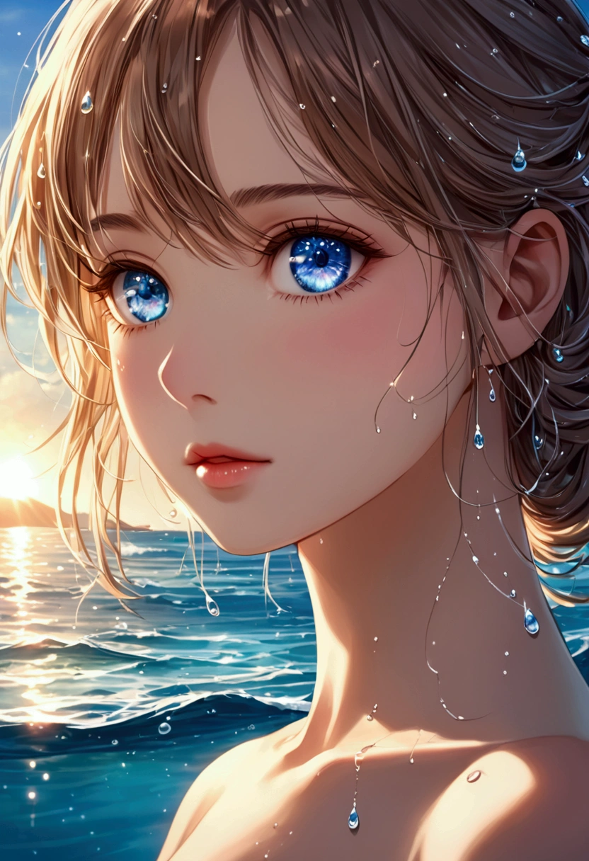 art by Cornflower, dreamy, (a girl who was and had beautiful detailed eyes. The depth of field in the photo was perfect, and the lens flare added a nice touch. The finely detailed features of her face really stood out, and the score for this photo was definitely greater than 10. In the background, there was a beautiful ocean with crystal clear water and water droplets on the surface. It was a stunning photo that really captured the beauty of the girl and the water.)