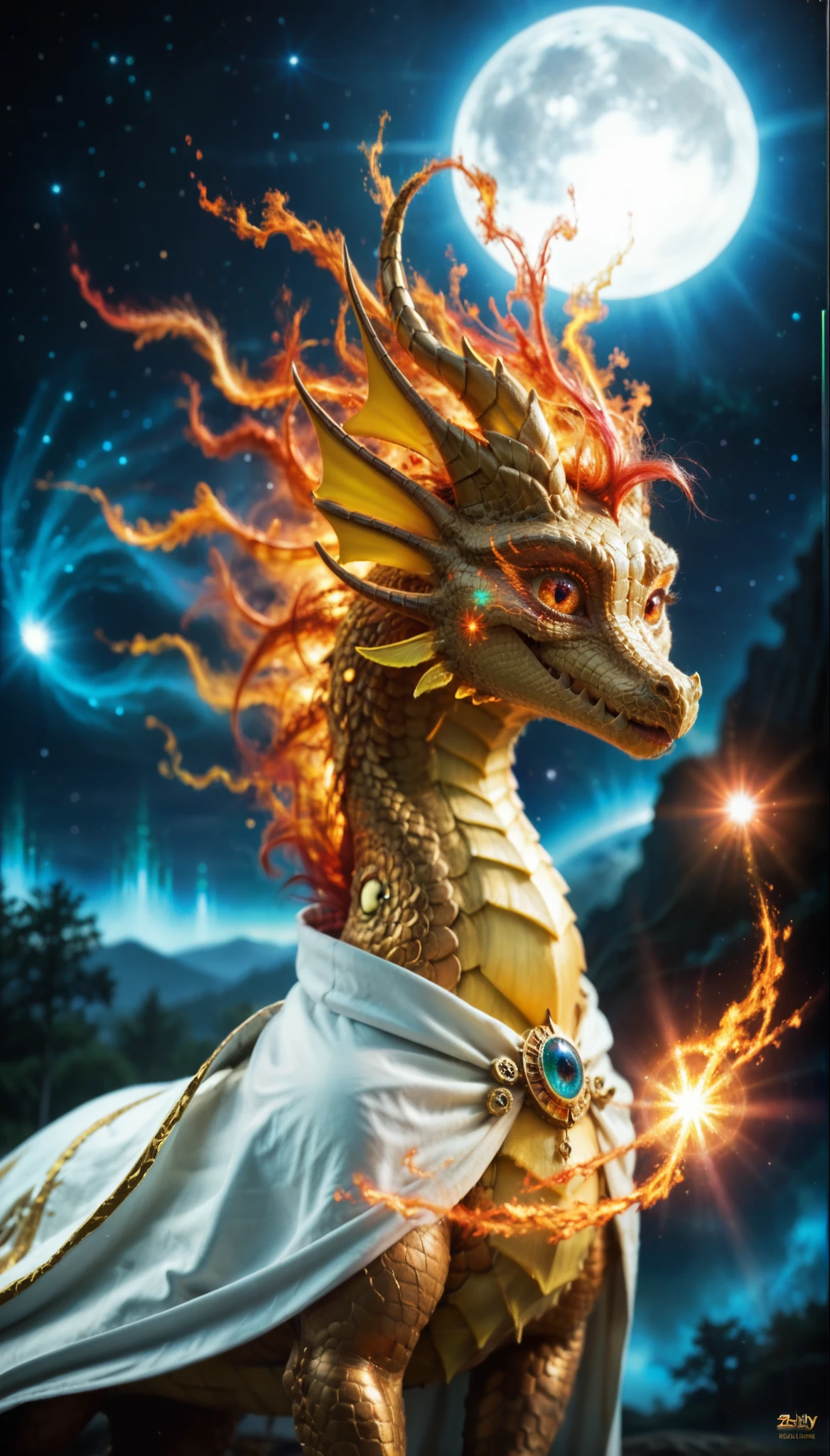 (zPDXL2), score_9_up, (masterpiece, top quality, best quality, official art, beautiful and aesthetic:1.2), (1girl), extreme detailed eyes, (fractal art:1.3), colorful, highest detailed, (perfect face), shiny skin, HDR, (white cloak golden lines:1.2), galaxy, (light streaks), striking visuals, (dynamic streaks, luminous trails:1.2), vibrant colors, (phoenix), (dragon), AissistXLv2, unaestheticXL_bp5, SimplePositiveXLv2, zPDXL2 PonyXLV6_Scores