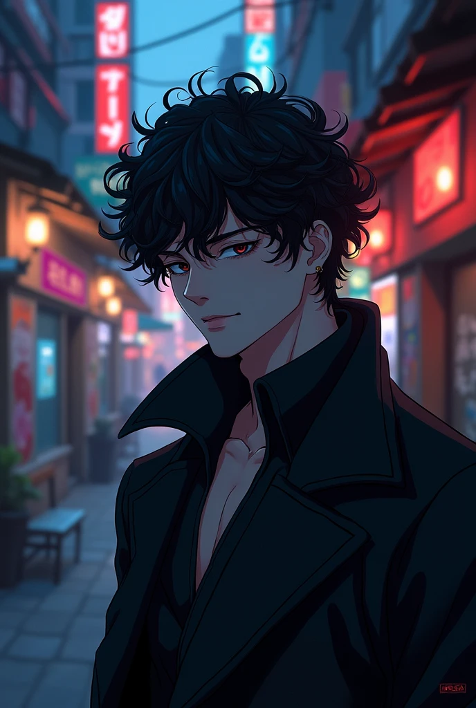 Anime Style　Handsome　male　Shady　Curly hair　Narrow eyes　No eye highlights　sexy　Mole around the mouth