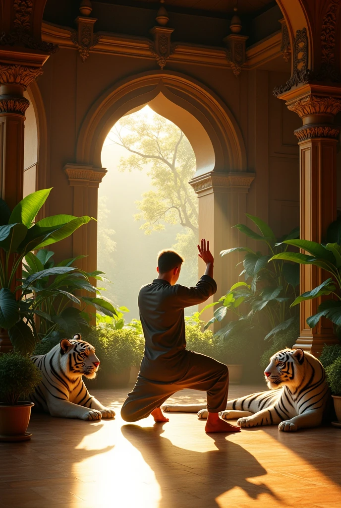 Cempaka Putih Pencak Silat Padepokan , indoors, soft lighting, plants in background, window with sunlight, cozy room, relaxed pose, realistic, intricate details, warm colors, With white tigers, monuments, pillars