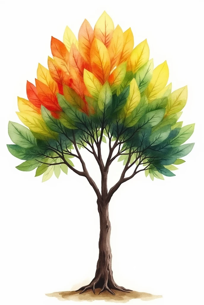 watercolor painting of a tree called croton, , This with a white background and the tree in the middle. vertically, that the leaves are exactly the same as those of the croton but without losing its watercolor tree shape

