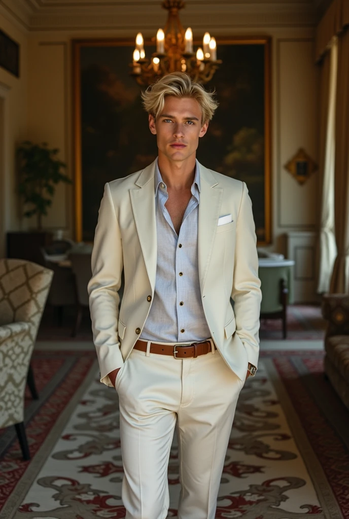 create a white man with beautiful blue eyes with blonde hair with old money style looking hot and is about 22 years old