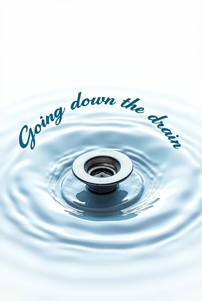 Create an image with a white background with a bathroom drain in the middle and water going towards and entering the drain with the following phrase: Going down the drain 