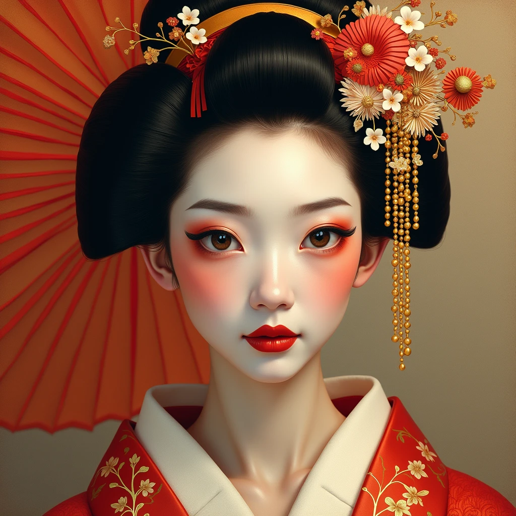 The gorgeously sexy adorned geisha, embodying a harmonious blend of grace and allure, symbolizes traditional Japanese beauty and elegance. She is depicted in a stunningly detailed painting, with intricate details shining through her delicate features and flowing kimono. The composition captures her serene expression and delicate gestures with a sense of perfection and refinement. This high-quality image exudes a sense of timeless beauty and cultural richness.