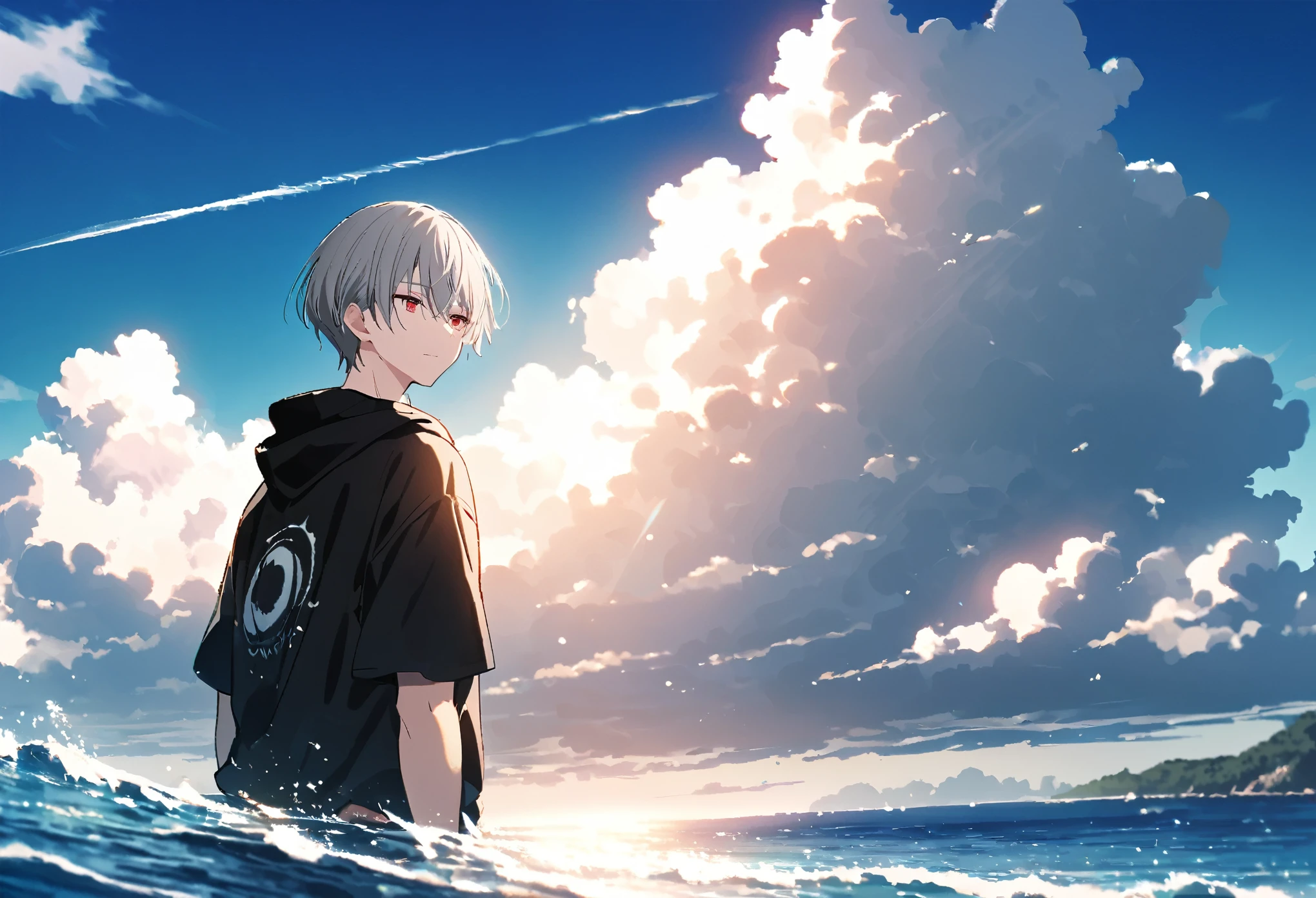 good looking, alone, 1 male, Gray Hair, Red eyes, Black Shirt, Black and white hooded, noon, White Light,cute目,Short hairstyle,cute,Falling from the sky,綺麗なsummerの空,Lots of white clouds,summer,Ocean,Glittering scenery,bright,Blue sky