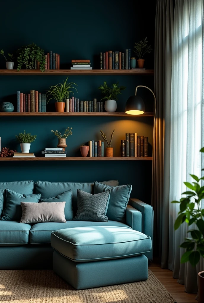 Dark blue living room scene with shelf