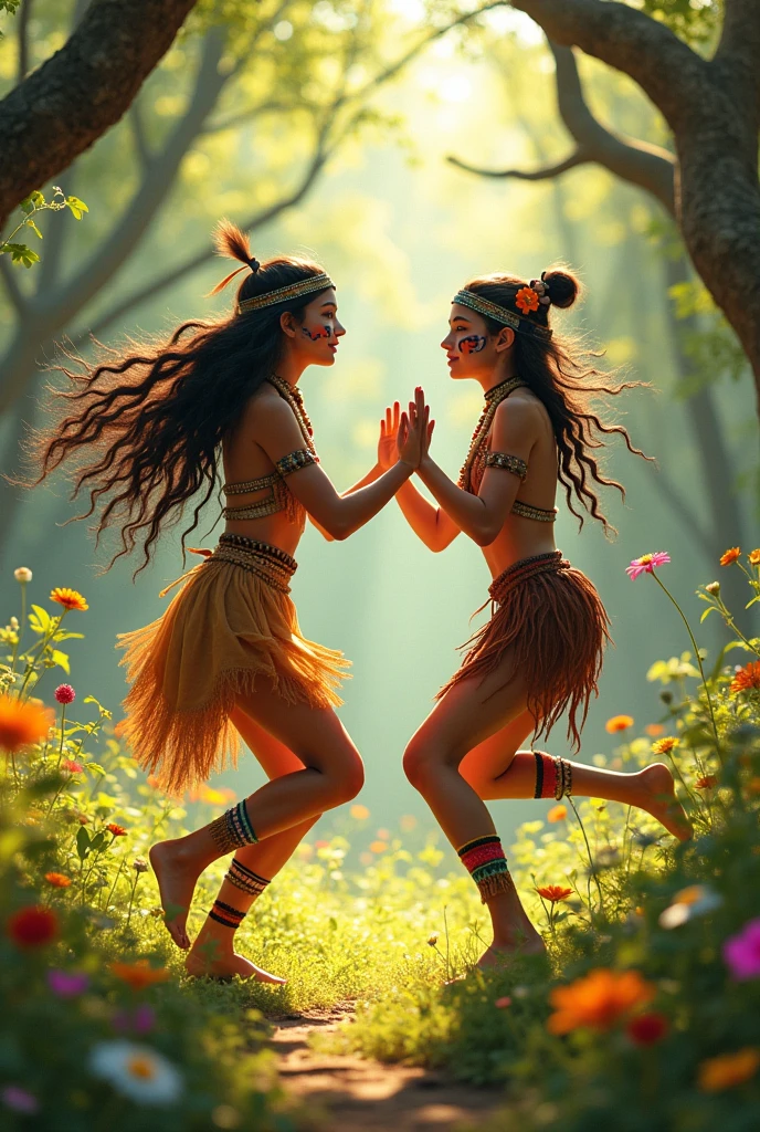 shamanic environment, a blonde indigenous girl with a headdress, an indigenous brunette, slickedback hair, colorful mushrooms, Enchanted World, psychedelic, brooding, camp fire.