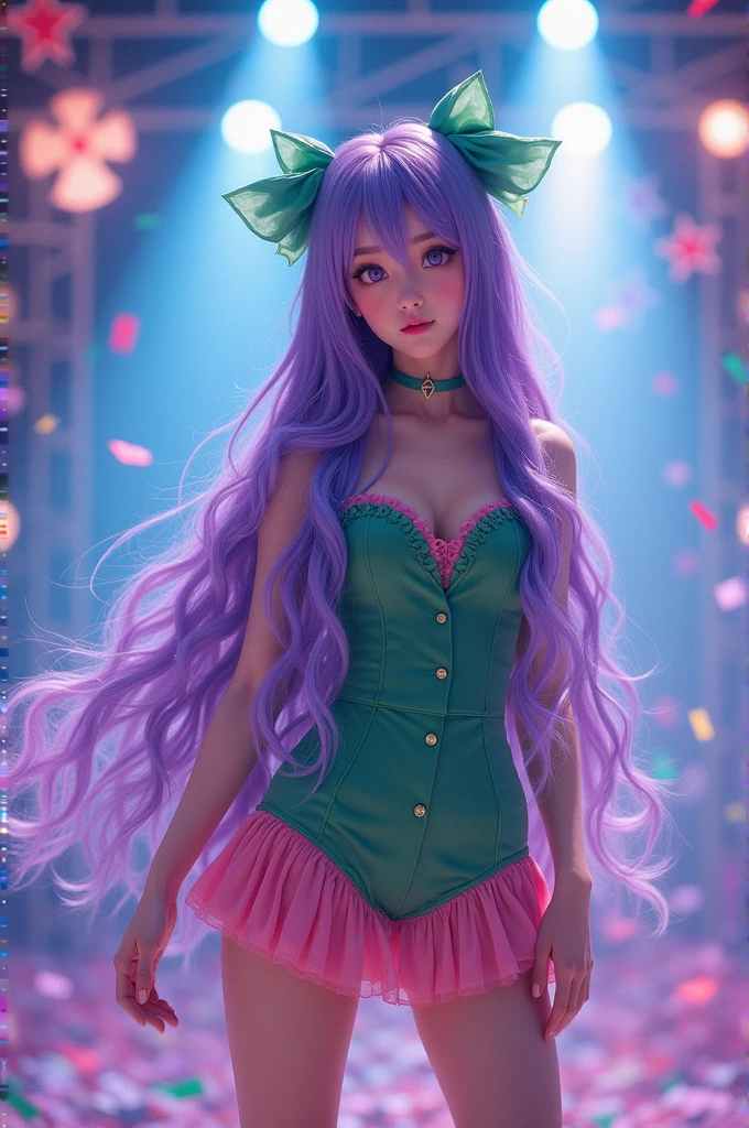 She has a lovely and charming appearance.. She has long purple hair, violet blue eyes with evening star and white skin. She often wears the idol group's stage costumes., green jumpsuit and pink mini skirt. She also often wears a green bow on her head.
