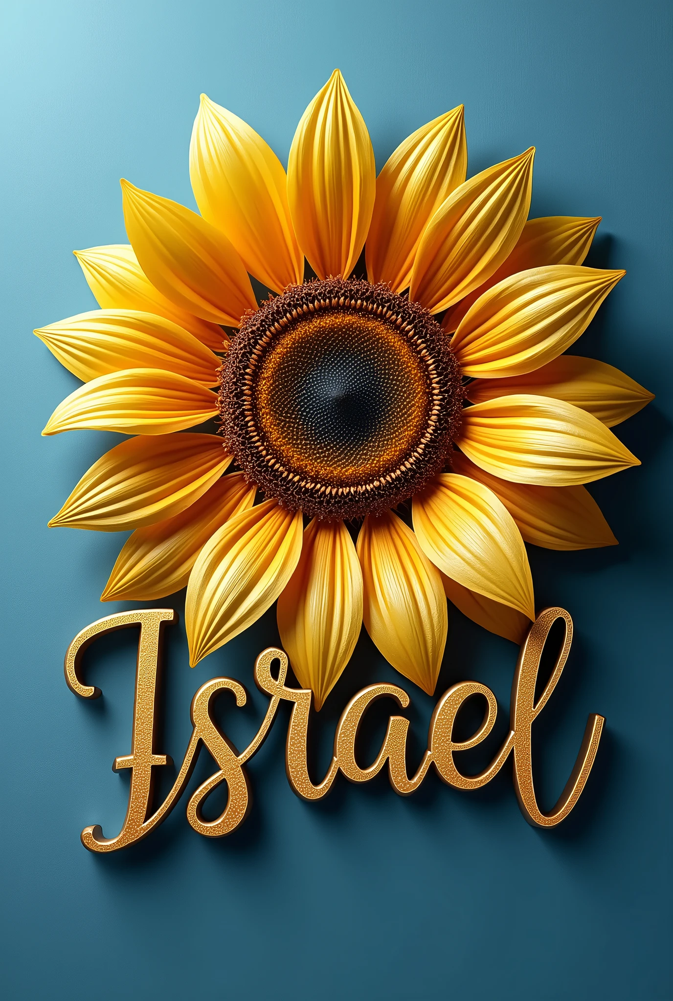 Sign with the word Israel in cursive letters in metallic gold color, on a large metallic gold monochrome sunflower on a blue background