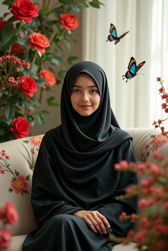 Create one niqabi abaya wear girl sitting on the single sofa background with flowers and butterflies edited With " Hafsa "